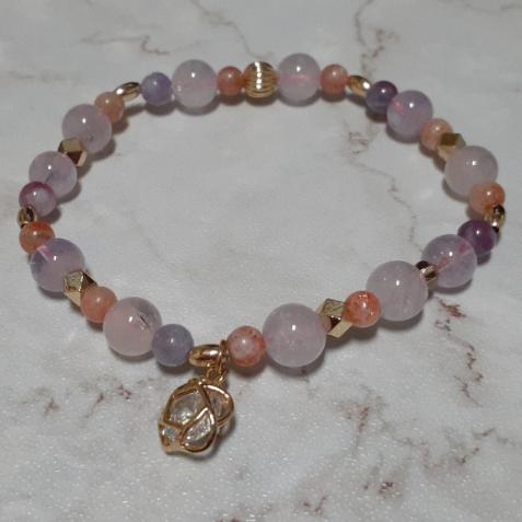 【三寶坊】粉晶 太陽石 紫水晶手鍊 設計款 春天花開 手串/手珠/手鍊/手排/手環-細節圖2