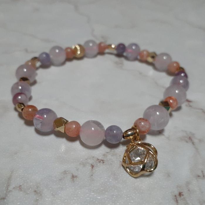 【三寶坊】粉晶 太陽石 紫水晶手鍊 設計款 春天花開 手串/手珠/手鍊/手排/手環-細節圖3