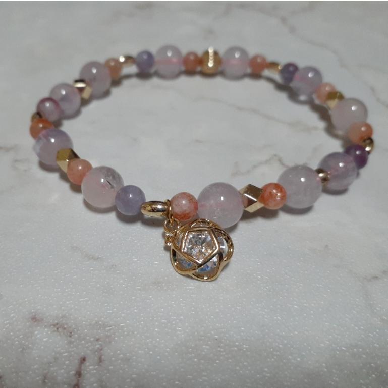 【三寶坊】粉晶 太陽石 紫水晶手鍊 設計款 春天花開 手串/手珠/手鍊/手排/手環-細節圖4