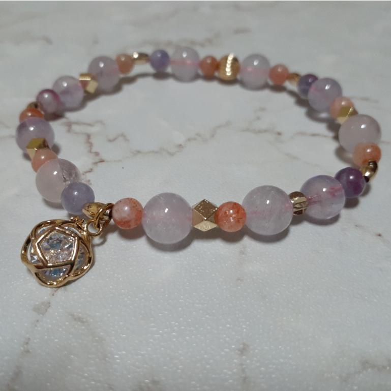 【三寶坊】粉晶 太陽石 紫水晶手鍊 設計款 春天花開 手串/手珠/手鍊/手排/手環-細節圖6