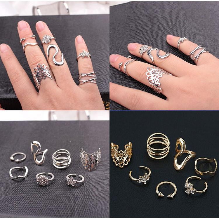 韓系飾品 組合套戒 七件套裝戒指組 疊戴戒指 簡約開口戒 幾何造型戒指 歐美風指環 尾戒 個性女戒 金屬戒指 日韓生活館-細節圖3