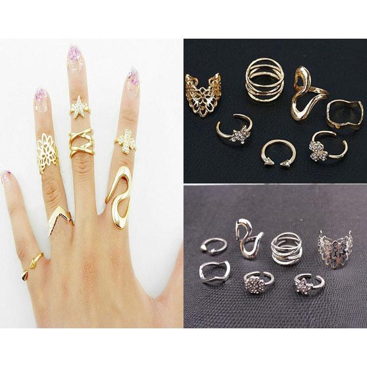韓系飾品 組合套戒 七件套裝戒指組 疊戴戒指 簡約開口戒 幾何造型戒指 歐美風指環 尾戒 個性女戒 金屬戒指 日韓生活館-細節圖5