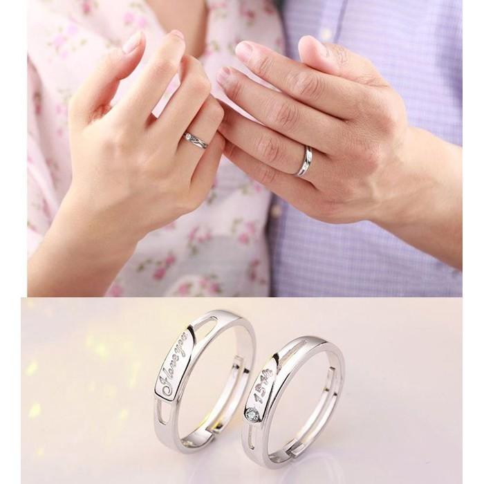 1314一生一世鋯石鑲鑽情侶戒指 潮流指環飾品 日韓時尚戒指刻字銀飾 情人對戒 男女個性戒指 情人節禮物 活口可調節戒指-細節圖4