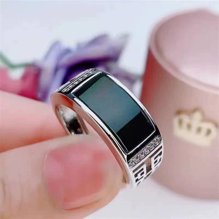 霸氣男士戒指 仿玉石戒指 男款指環 黑戒指 寬版戒指 男生戒指 大戒指 開口可調戒指 仿玉髓戒指 復古寶石戒指 綠戒指-細節圖3