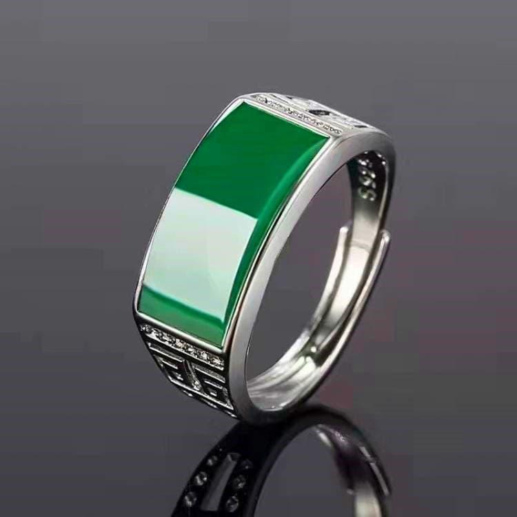 霸氣男士戒指 仿玉石戒指 男款指環 黑戒指 寬版戒指 男生戒指 大戒指 開口可調戒指 仿玉髓戒指 復古寶石戒指 綠戒指-細節圖2