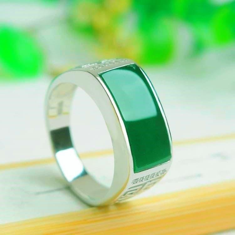 霸氣男士戒指 仿玉石戒指 男款指環 黑戒指 寬版戒指 男生戒指 大戒指 開口可調戒指 仿玉髓戒指 復古寶石戒指 綠戒指-細節圖6