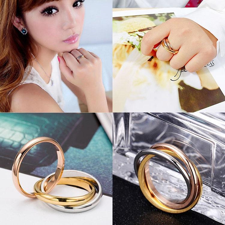 韓版飾品 三色戒指 三環戒指 情侶戒指 項鍊吊墜兩用戒指 三生三世 光面交叉戒指 中性戒指 簡約時尚對戒 組合戒個性指環-細節圖2