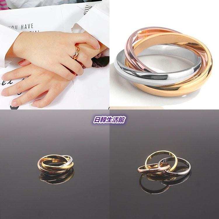 韓版飾品 三色戒指 三環戒指 情侶戒指 項鍊吊墜兩用戒指 三生三世 光面交叉戒指 中性戒指 簡約時尚對戒 組合戒個性指環-細節圖7
