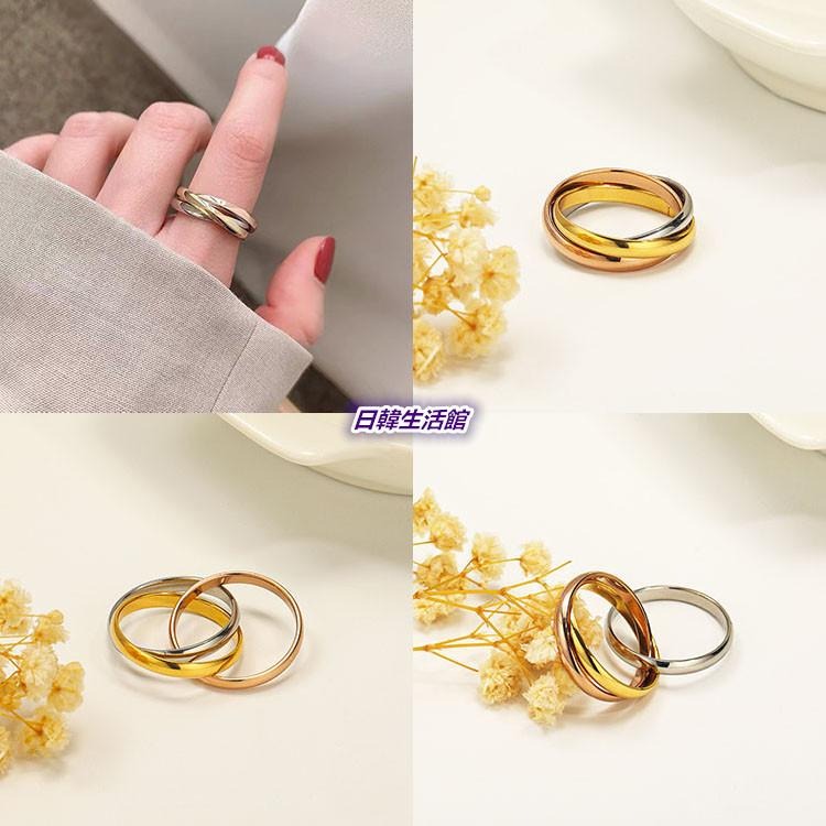 韓版飾品 三色戒指 三環戒指 情侶戒指 項鍊吊墜兩用戒指 三生三世 光面交叉戒指 中性戒指 簡約時尚對戒 組合戒個性指環-細節圖8