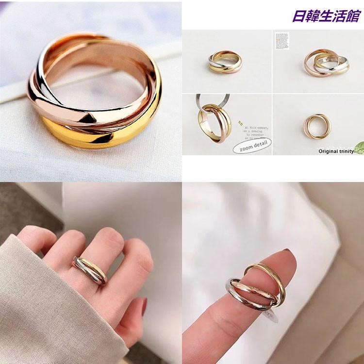 韓版飾品 三色戒指 三環戒指 情侶戒指 項鍊吊墜兩用戒指 三生三世 光面交叉戒指 中性戒指 簡約時尚對戒 組合戒個性指環-細節圖9