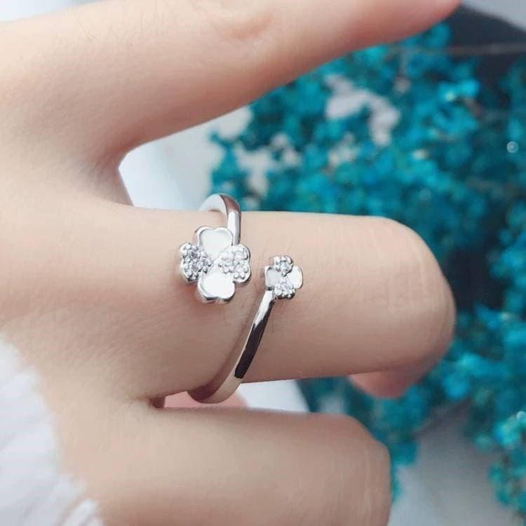 四葉草戒指 開口戒指 幸運草戒指 花朵戒指 森林系指環 戒指女 飾品 可調式戒指 韓版潮流時尚戒指 鋯石戒指 日韓生活館-細節圖5