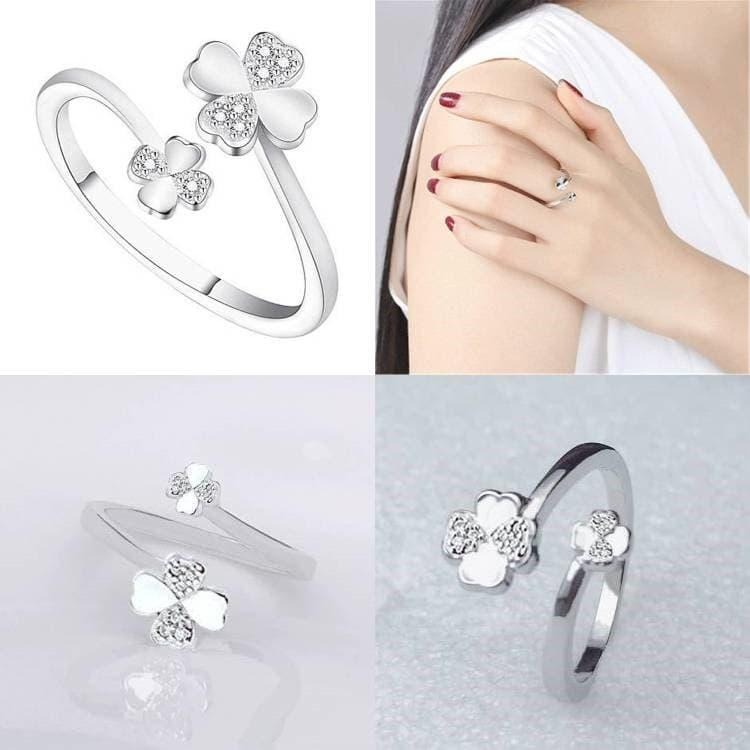 四葉草戒指 開口戒指 幸運草戒指 花朵戒指 森林系指環 戒指女 飾品 可調式戒指 韓版潮流時尚戒指 鋯石戒指 日韓生活館-細節圖6