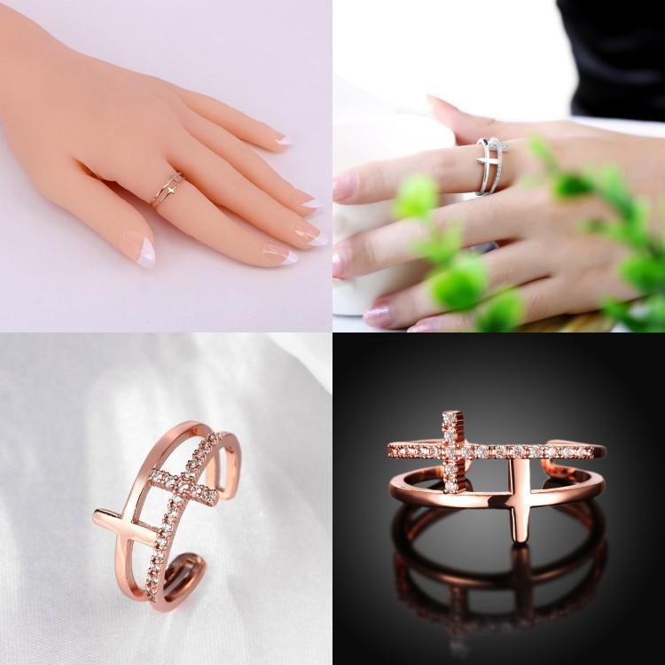 雙層十字架戒指 開口可調式戒指 玫瑰金戒指 設計感女生戒指 尾戒 雙環戒指 歐美時尚潮流飾品 線條細戒指 微鑲水鑽戒指-細節圖3