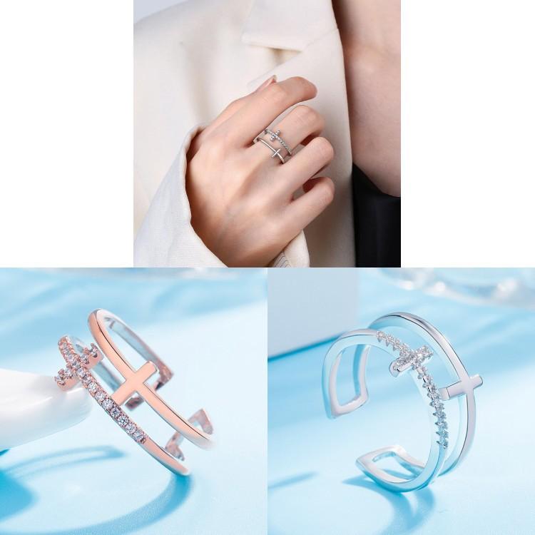 雙層十字架戒指 開口可調式戒指 玫瑰金戒指 設計感女生戒指 尾戒 雙環戒指 歐美時尚潮流飾品 線條細戒指 微鑲水鑽戒指-細節圖4