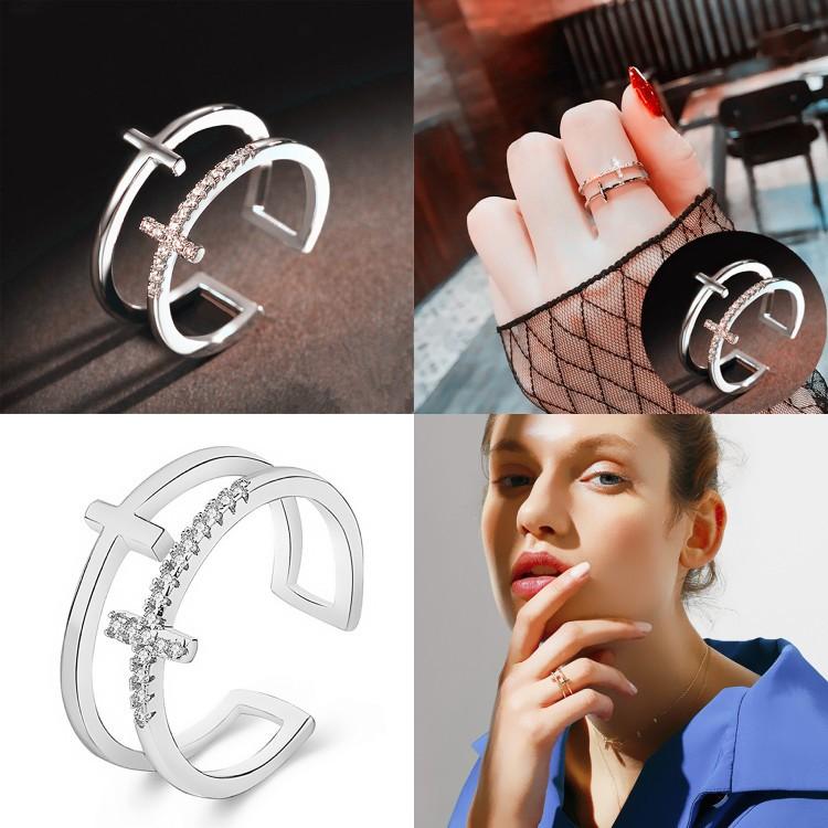 雙層十字架戒指 開口可調式戒指 玫瑰金戒指 設計感女生戒指 尾戒 雙環戒指 歐美時尚潮流飾品 線條細戒指 微鑲水鑽戒指-細節圖5