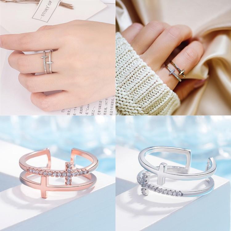 雙層十字架戒指 開口可調式戒指 玫瑰金戒指 設計感女生戒指 尾戒 雙環戒指 歐美時尚潮流飾品 線條細戒指 微鑲水鑽戒指-細節圖6