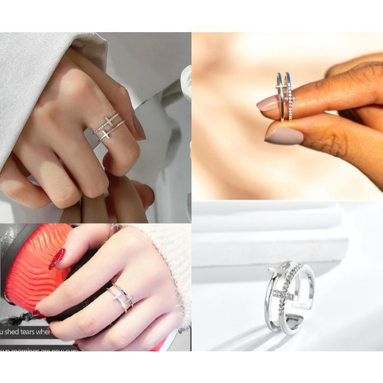 雙層十字架戒指 開口可調式戒指 玫瑰金戒指 設計感女生戒指 尾戒 雙環戒指 歐美時尚潮流飾品 線條細戒指 微鑲水鑽戒指-細節圖7