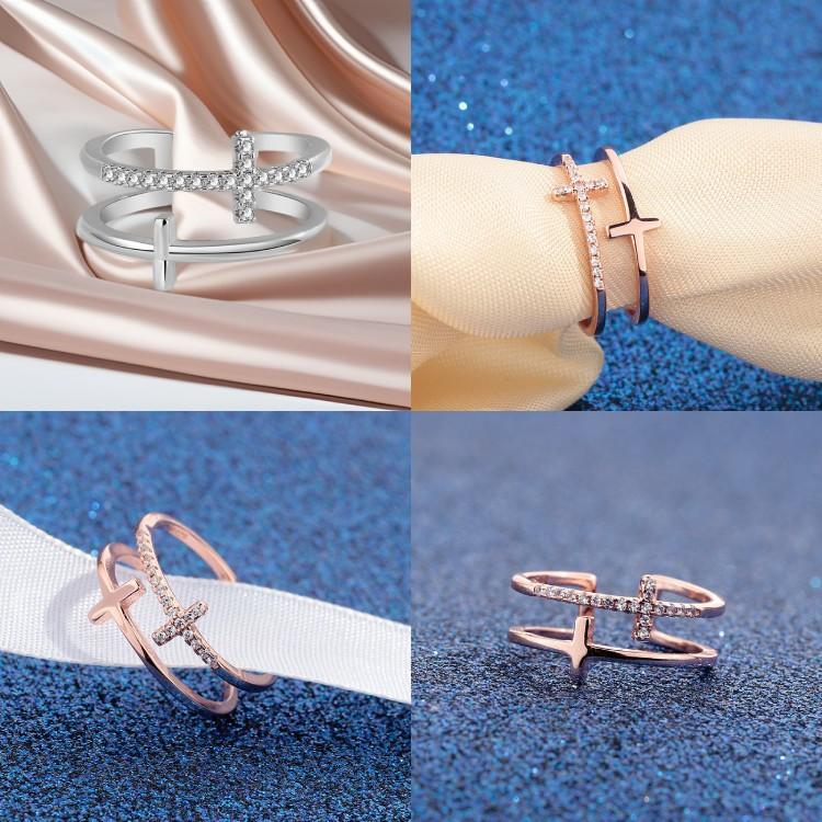 雙層十字架戒指 開口可調式戒指 玫瑰金戒指 設計感女生戒指 尾戒 雙環戒指 歐美時尚潮流飾品 線條細戒指 微鑲水鑽戒指-細節圖9