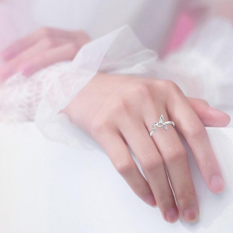簡約浪漫心形蜂鳥戒指 歐美飾品 愛心戒指 開口戒指 小鳥戒指 動物戒指 創意戒指女 小眾設計感心型戒指 麻雀戒指金屬戒指-細節圖3