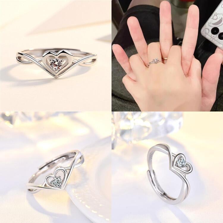 愛心戒指 鋯石戒指 單鑽戒指時尚指環 韓國飾品 開口戒指 可調戒指 女生戒指 怦然心動情人節禮物 心型鑲鑽戒指 仿真鑽戒-細節圖2
