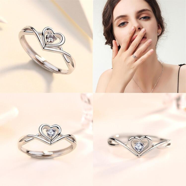 愛心戒指 鋯石戒指 單鑽戒指時尚指環 韓國飾品 開口戒指 可調戒指 女生戒指 怦然心動情人節禮物 心型鑲鑽戒指 仿真鑽戒-細節圖6