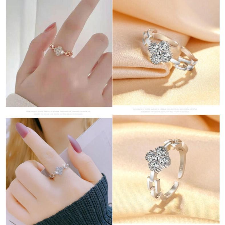 韓版四葉草微鑲鋯石戒指 開口可調節戒指 時尚簡約戒指鏤空指環 玫瑰金戒指 韓國甜美小清新飾品 幸運草戒指 水鑽戒指食指戒-細節圖3