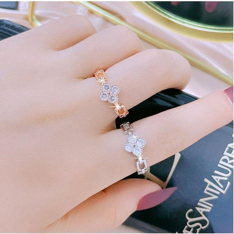 韓版四葉草微鑲鋯石戒指 開口可調節戒指 時尚簡約戒指鏤空指環 玫瑰金戒指 韓國甜美小清新飾品 幸運草戒指 水鑽戒指食指戒-細節圖6