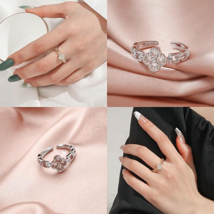 韓版四葉草微鑲鋯石戒指 開口可調節戒指 時尚簡約戒指鏤空指環 玫瑰金戒指 韓國甜美小清新飾品 幸運草戒指 水鑽戒指食指戒-細節圖9