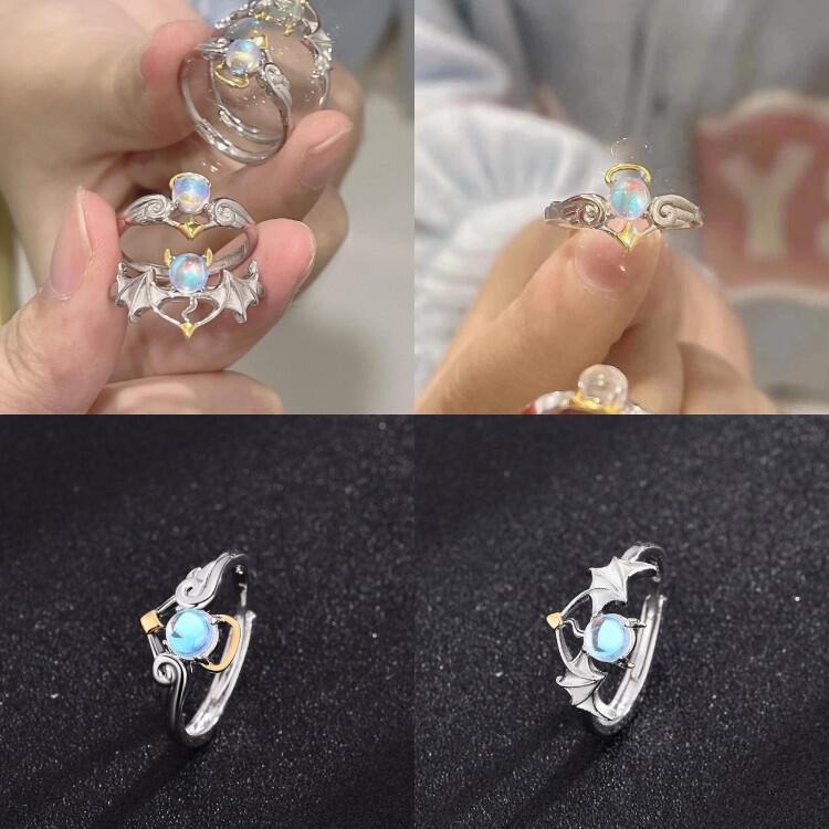 天使惡魔翅膀戒指 情侶戒指 月光石戒指 歐美時尚飾品 可調節戒指 開口戒指 情侶對戒男女指環 復古戒指 食指戒 雙色戒指-細節圖2