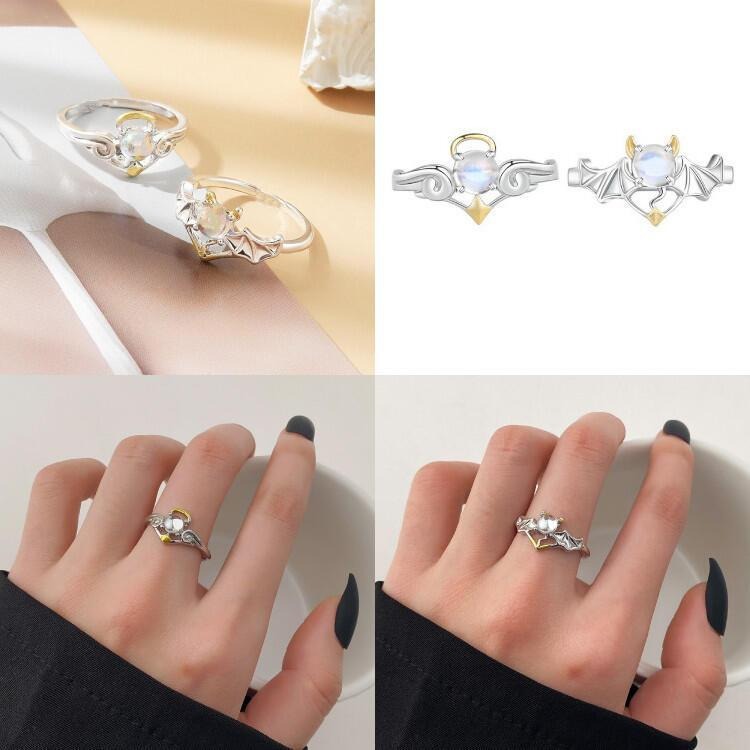 天使惡魔翅膀戒指 情侶戒指 月光石戒指 歐美時尚飾品 可調節戒指 開口戒指 情侶對戒男女指環 復古戒指 食指戒 雙色戒指-細節圖4