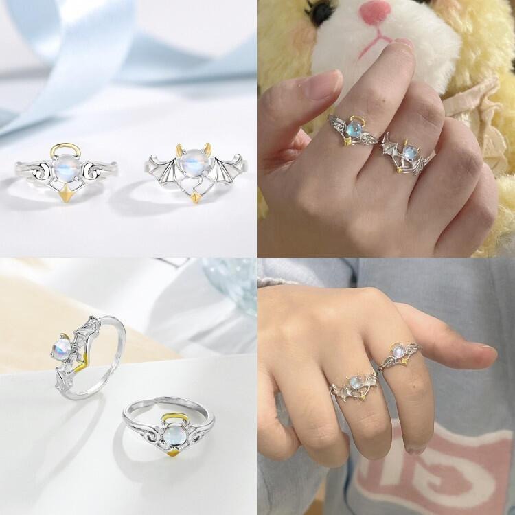 天使惡魔翅膀戒指 情侶戒指 月光石戒指 歐美時尚飾品 可調節戒指 開口戒指 情侶對戒男女指環 復古戒指 食指戒 雙色戒指-細節圖6