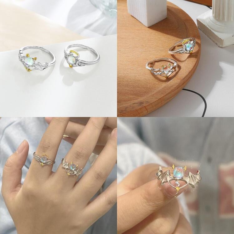 天使惡魔翅膀戒指 情侶戒指 月光石戒指 歐美時尚飾品 可調節戒指 開口戒指 情侶對戒男女指環 復古戒指 食指戒 雙色戒指-細節圖8