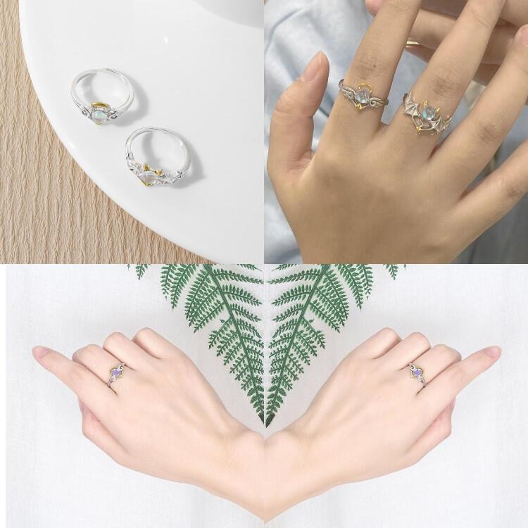 天使惡魔翅膀戒指 情侶戒指 月光石戒指 歐美時尚飾品 可調節戒指 開口戒指 情侶對戒男女指環 復古戒指 食指戒 雙色戒指-細節圖9