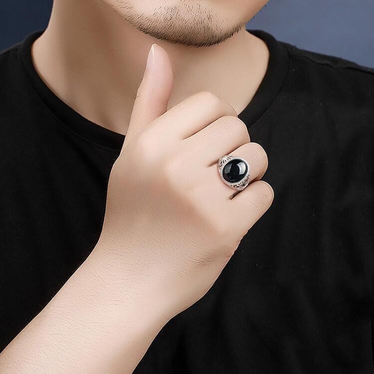 歐美時尚男士戒指 仿瑪瑙戒指 個性男生飾品 寬版大戒指男 復古花紋戒指 黑色戒指 霸氣男戒指 開口可調節戒指 玉髓戒指-細節圖8