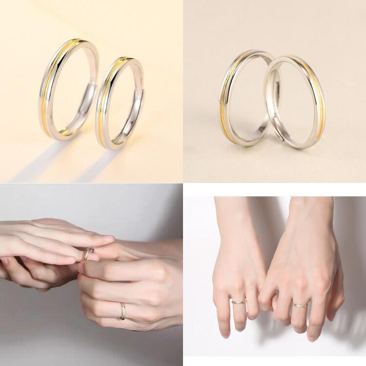 情侶戒指 雙色戒指 男女對戒 可調節戒指 銀戒指 開口戒指 食指戒 情人戒指 金色拼接戒指 銀飾 指環 銅戒指 日韓飾品-細節圖7
