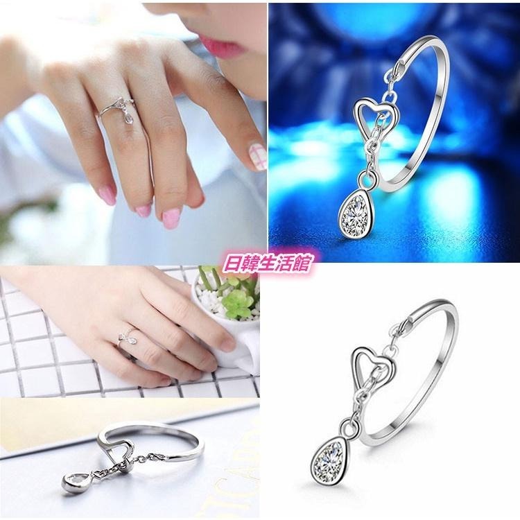 水滴戒指 鏈條戒指 開口戒指 鋯石戒指 女生銀飾 簡約指環 銀戒指 鏤空愛心戒指 活動口可調節戒指 流行首飾 日韓生活館-細節圖2