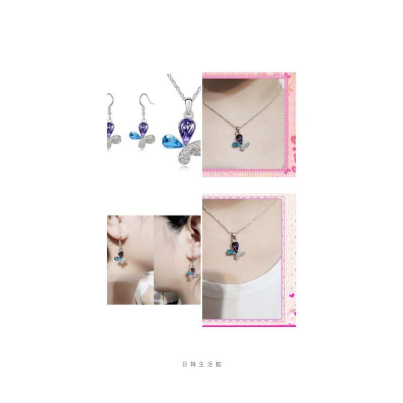 耳飾+項飾 水晶耳環 蝴蝶吊墜項鍊 垂墜耳環 耳勾 水鑽耳釘 短款項鍊 時尚鎖骨鍊 蝴蝶耳環 項鍊組 首飾 套裝組合飾品-細節圖5