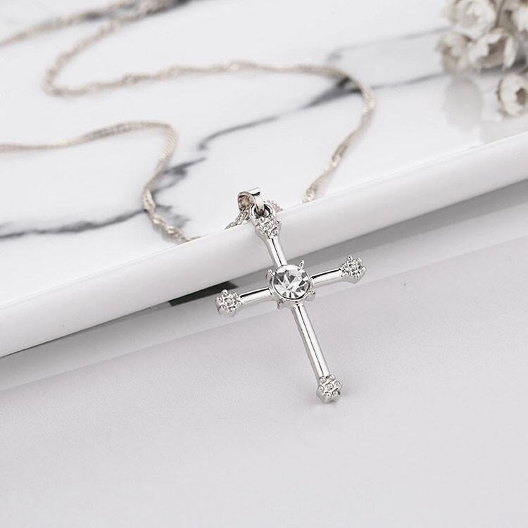 耳飾+項飾組合 歐美時尚飾品組 十字架項鍊耳環套組 耶穌基督教 女生首飾氣質百搭款 水晶十字架耳環 鋯石吊墜項鍊 短鍊-細節圖3