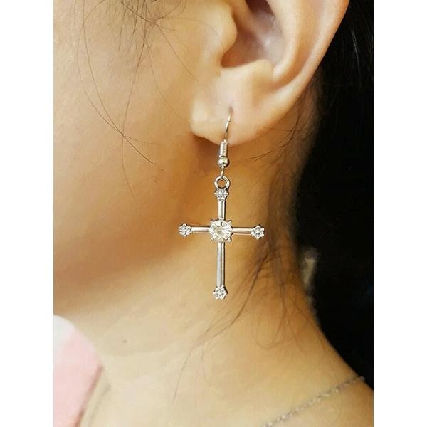 耳飾+項飾組合 歐美時尚飾品組 十字架項鍊耳環套組 耶穌基督教 女生首飾氣質百搭款 水晶十字架耳環 鋯石吊墜項鍊 短鍊-細節圖4