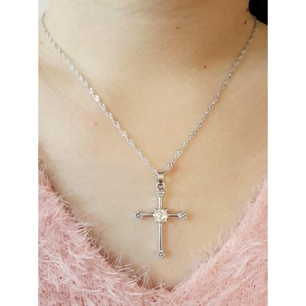 耳飾+項飾組合 歐美時尚飾品組 十字架項鍊耳環套組 耶穌基督教 女生首飾氣質百搭款 水晶十字架耳環 鋯石吊墜項鍊 短鍊-細節圖5