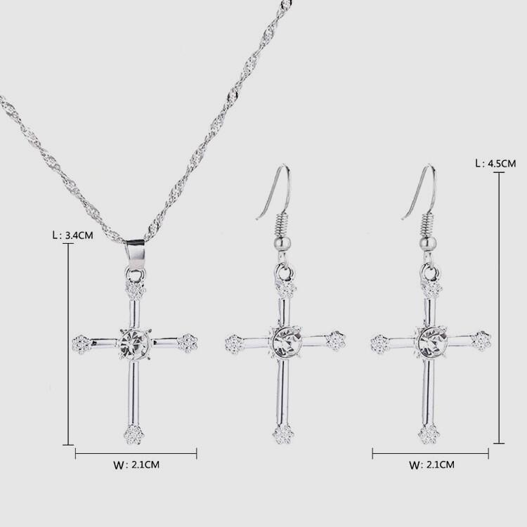 耳飾+項飾組合 歐美時尚飾品組 十字架項鍊耳環套組 耶穌基督教 女生首飾氣質百搭款 水晶十字架耳環 鋯石吊墜項鍊 短鍊-細節圖7