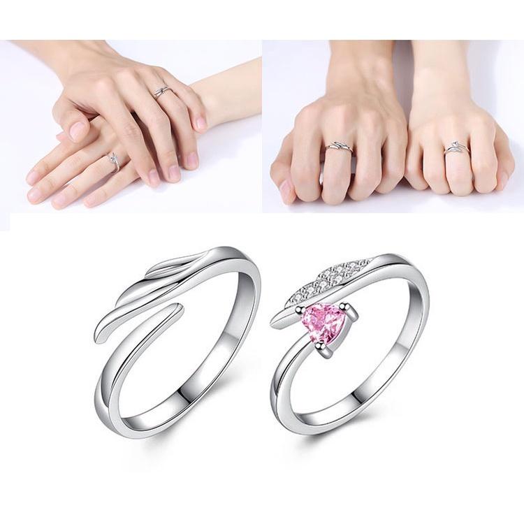 天使之翼情侶戒指 粉鑽愛心戒指 天使翅膀戒指 情侶對戒 鋯石戒指 開口戒指 水晶指環 可調式戒指 時尚男女銀戒指 求婚戒-細節圖2