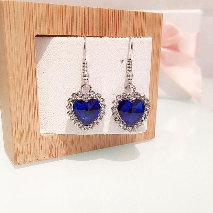 愛心耳環 淑女耳環 海洋之心 鐵達尼號 後掛式耳環 藍色水晶耳環 吊墜耳環 耳勾耳環 韓版耳飾 水鑽耳環 寶石耳環 耳墜-細節圖3