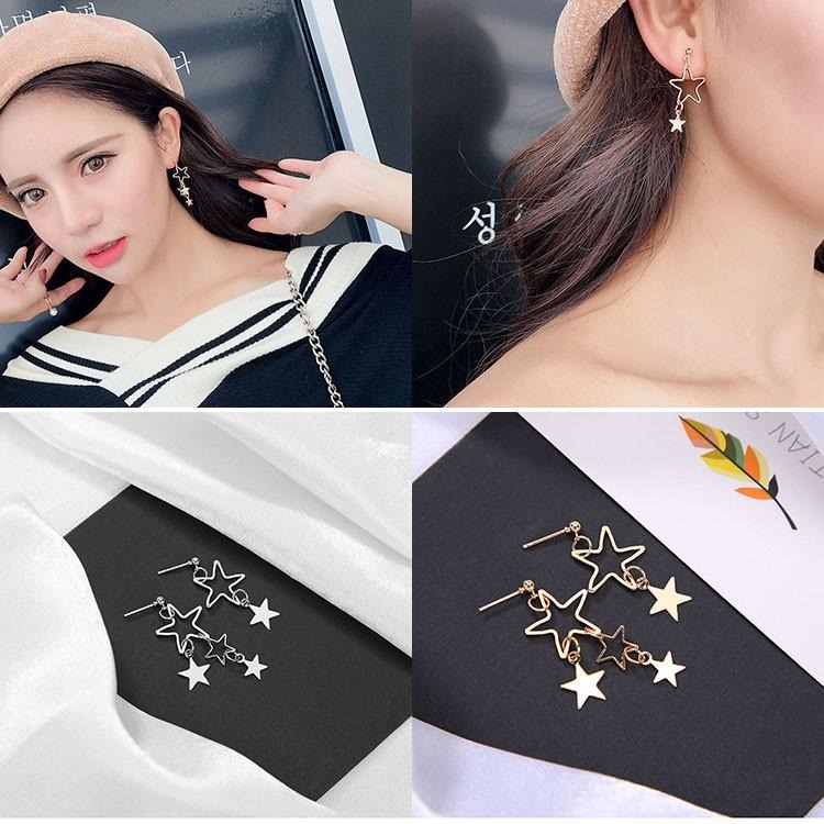 日韓飾品 星星耳環 小清新氣質耳釘 鏤空星星吊墜耳環 金屬耳環耳墜 流蘇耳環不對稱耳環 優雅淑女耳飾 韓式耳環 垂墜耳環-細節圖3