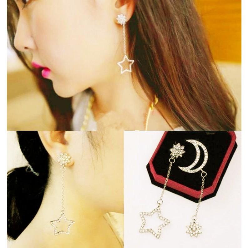 星月耳環 韓版精緻耳飾 星星月亮耳環 長款耳環 鏈條耳環 不對稱流蘇耳環 水鑽耳環 鏤空星星耳環 韓國飾品 垂墜耳環耳墜-細節圖3