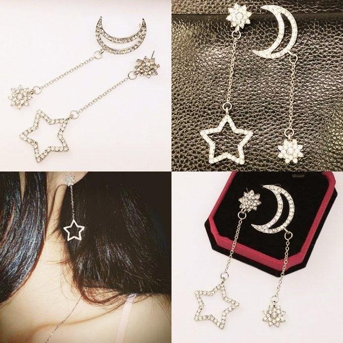 星月耳環 韓版精緻耳飾 星星月亮耳環 長款耳環 鏈條耳環 不對稱流蘇耳環 水鑽耳環 鏤空星星耳環 韓國飾品 垂墜耳環耳墜-細節圖4