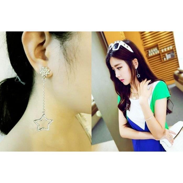 星月耳環 韓版精緻耳飾 星星月亮耳環 長款耳環 鏈條耳環 不對稱流蘇耳環 水鑽耳環 鏤空星星耳環 韓國飾品 垂墜耳環耳墜-細節圖5