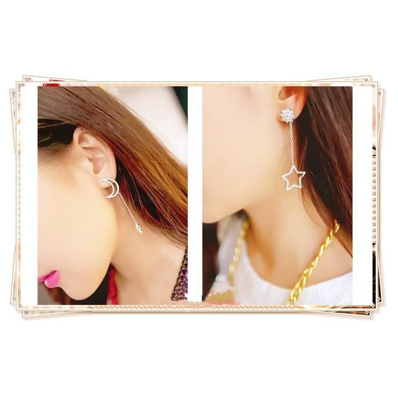 星月耳環 韓版精緻耳飾 星星月亮耳環 長款耳環 鏈條耳環 不對稱流蘇耳環 水鑽耳環 鏤空星星耳環 韓國飾品 垂墜耳環耳墜-細節圖7