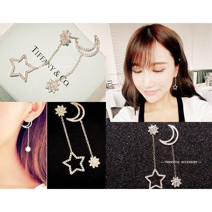 星月耳環 韓版精緻耳飾 星星月亮耳環 長款耳環 鏈條耳環 不對稱流蘇耳環 水鑽耳環 鏤空星星耳環 韓國飾品 垂墜耳環耳墜-細節圖8