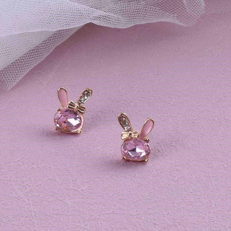 可愛小兔子耳釘 粉色鋯石耳環 粉鑽耳環 兔子耳環 水晶耳環 水鑽耳環 耳針 本命年生肖 動物耳環 超萌可愛耳飾 萌兔耳環-細節圖2